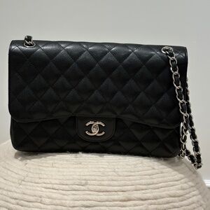 CHANEL Classic Flap Bag (Black Caviar, Silver Hardware) + Matching Wallet | Full